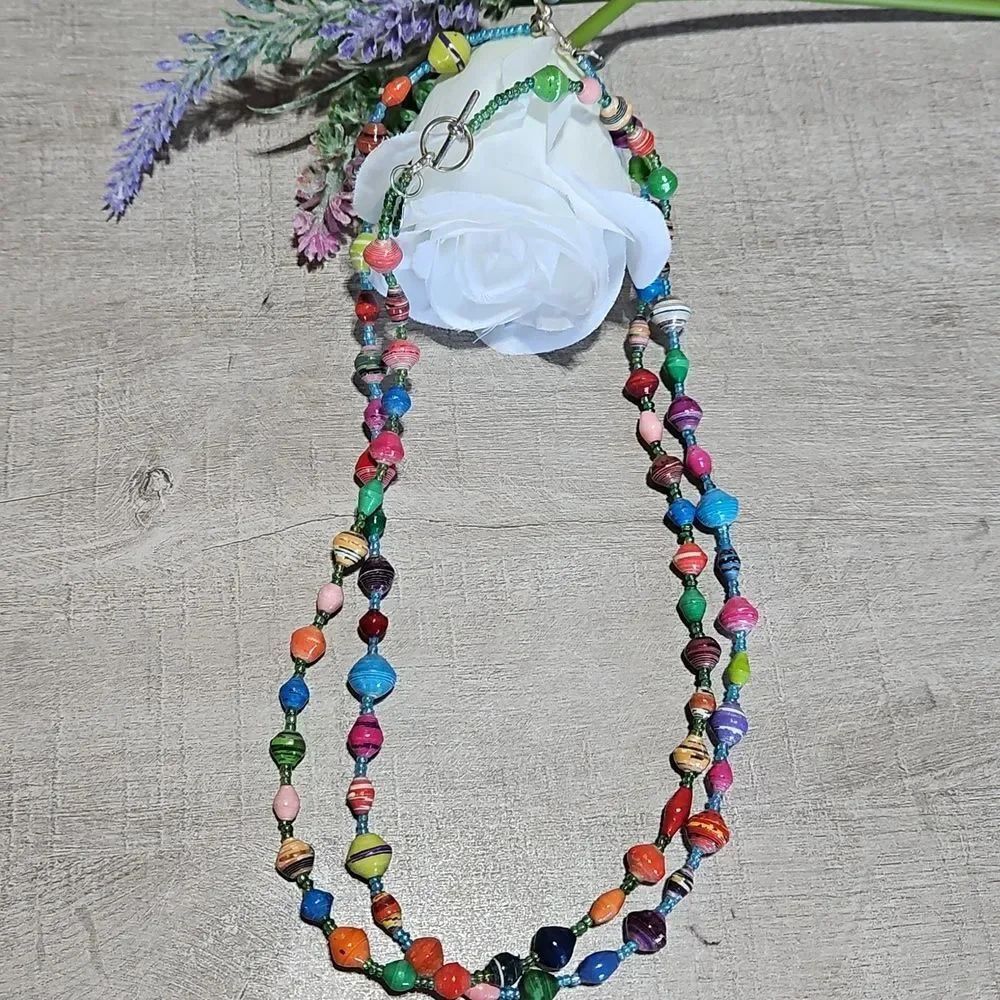 Uganda Beads For Life Handmade Paper Bead Necklace Set Of 2